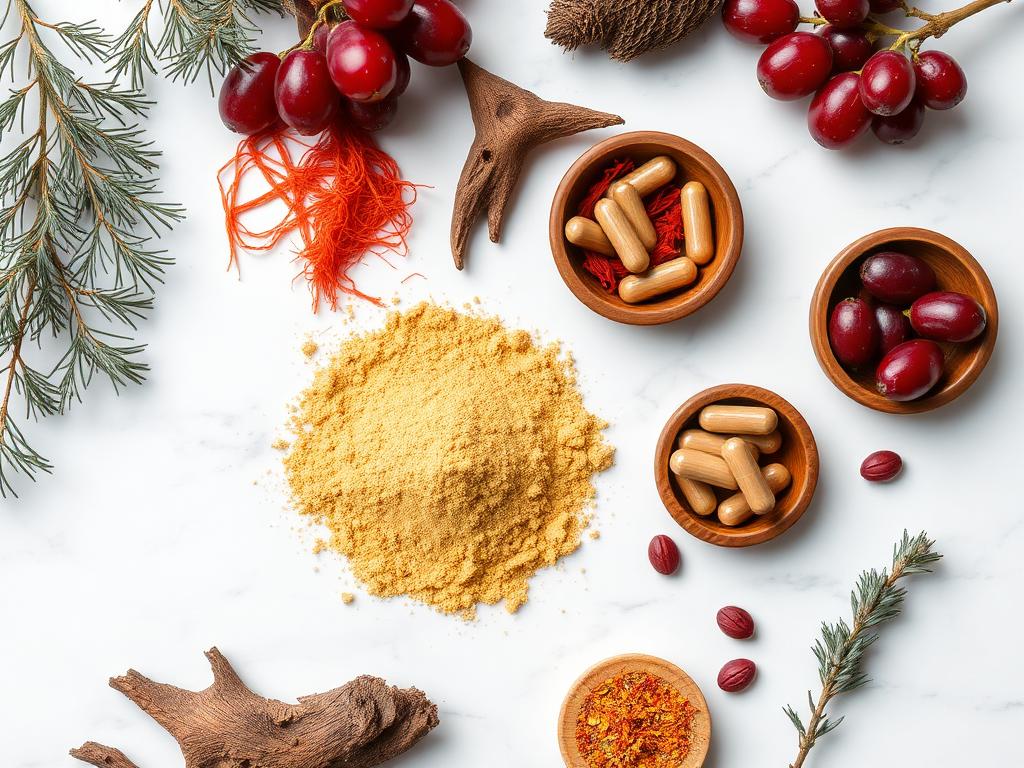 Ingredientes naturales de Erexiva: maca, azafrán, corteza de pino y uva